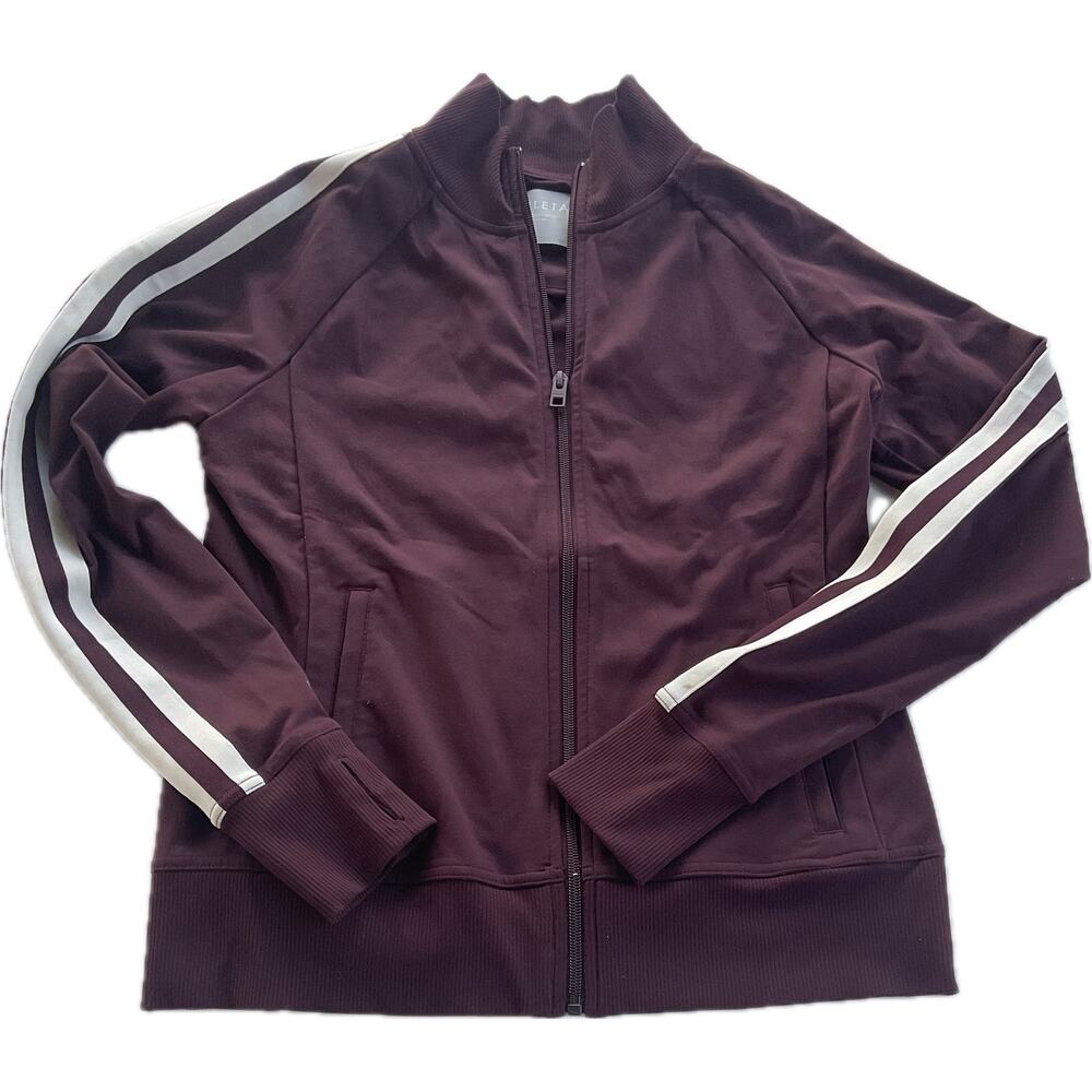 Athleta zip up jacket Medium Dark cherry with white trim